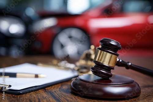 Legal gavel on wooden table with car keys and notepad in auto dealership setting