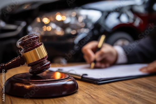 Legal proceedings related to a car accident with a gavel and notes on a desk