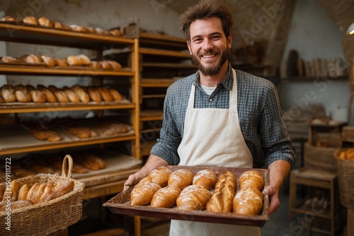 Baker shows fresh bread in cozy bakery during morning hours