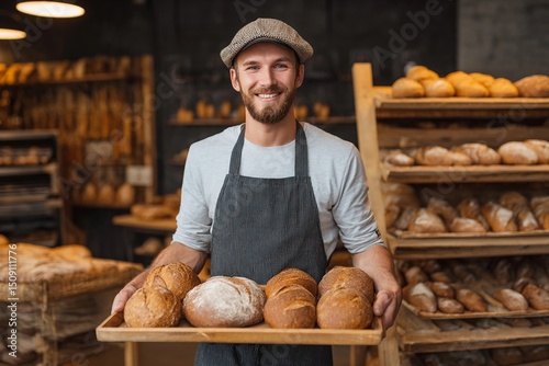 Smiling baker displays fresh bread assortment in bustling bakery on a sunny day
