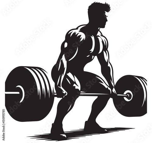 Black White Graphic Silhouette Muscular Man Deadlifting Barbell Weightlifting Strength Training Gym Fitness