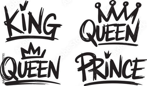 King queen and prince graphics in hand drawn style, Royal family sketch icons for stylish design