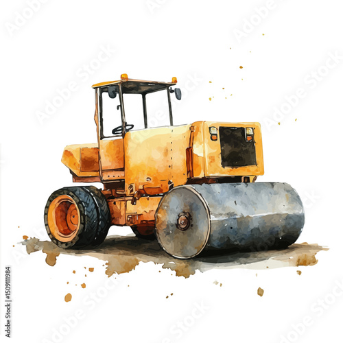 Road Roller, watercolor illustration vector, high quality, isolated on a white background.