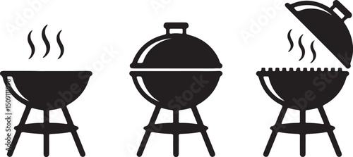 Three Charcoal Grill Silhouette Icons in Open, Closed, and Steaming Versions