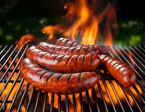 sausage merguez on a barbecue grill sausage on a bbq summer party roasted meat chicken pork lamb spicy meat flames traditional barbecue american food grilled meat grill