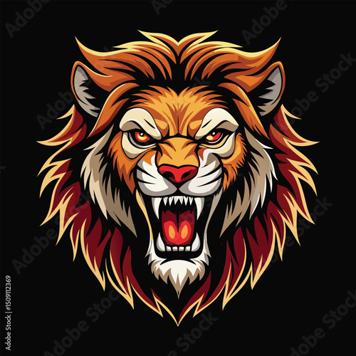 Roaring lion head animal mascot vector illustration with wild feline predatory features