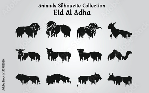 curated collection of animal silhouettes, including sheep, goats, cows, and a camel, commonly associated with Eid al-Adha. Arranged in a clean, symmetrical layout with a black-on-gray contrast. Ideal 