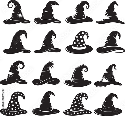 Witch Hats Set Silhouette with Stars & Designs in Black on Transparent Background
