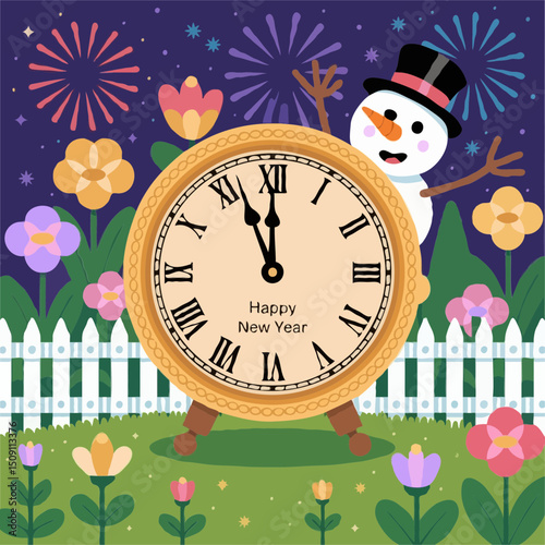 New years eve clock garden fireworks illustration