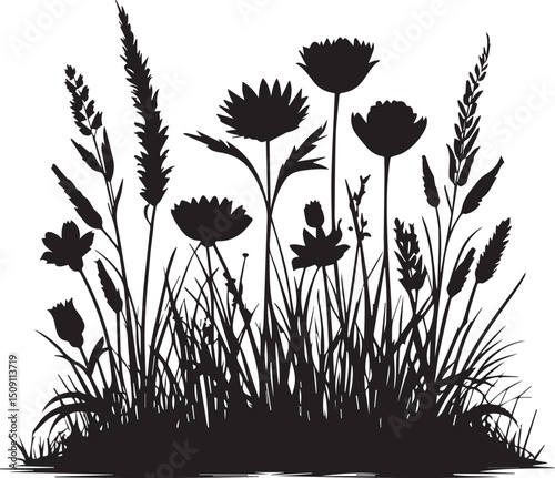Black grass border silhouette vector isolated on white background