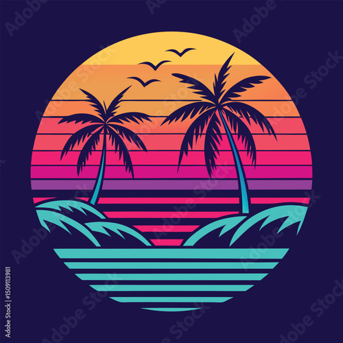 Tropical sunset silhouette of palm trees on a serene beach, perfect for your summer travel design
