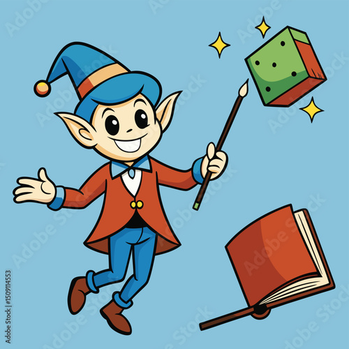 Fantasy elf magician making ancient book float with magical energy