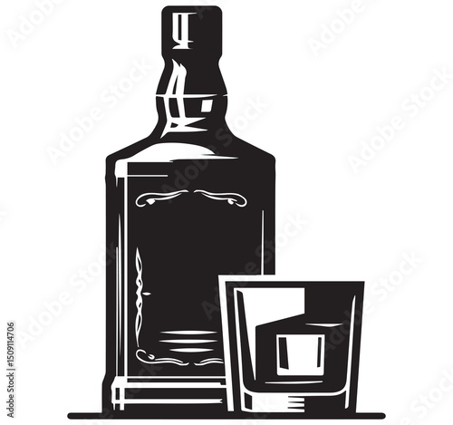 Classic Black and White Illustration of a Whiskey Bottle and Tumbler Glass with Ice Cube Alcoholic Beverage