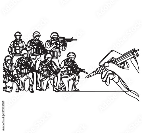 Black White Line Art Drawing Hand with Pen Facing Armed Soldiers Conceptual Power of Writing