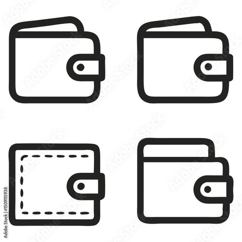 Simple Wallet Icons in Solid Outline and Flat Styles Featuring Closed Open and Folded Variants