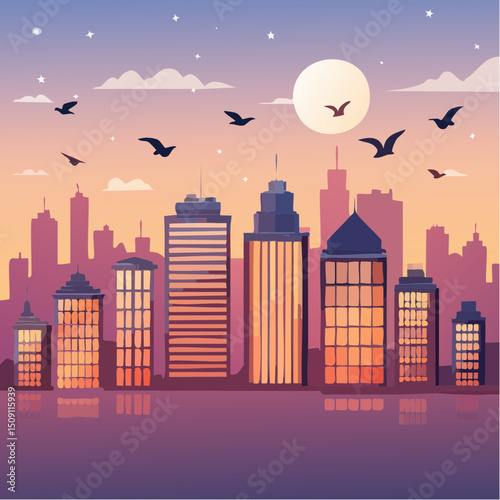 A city skyline at dusk with glowing windows and flying birds