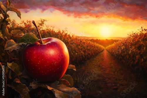 A red apple highlighted by deep sunset tones, with orange and purple hues reflecting off its glossy surface, orchard fading into warm twilight --