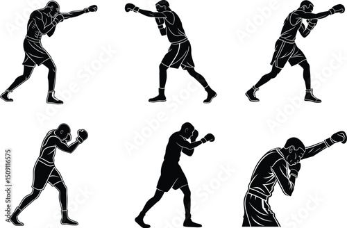 Boxing Techniques A Collection of Silhouette Illustrations Showing Various Boxing Poses and Punches