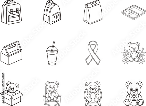 Outline drawing shows schoolbags, ribbon, fast food containers, plastic cup, and various teddy bears