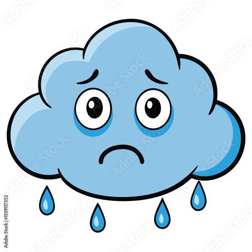 Sad frowning cloud with raindrop tears falling from stormy sky