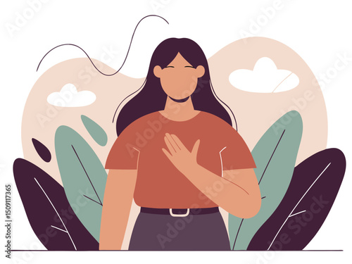 Woman Practicing Self Love and Mindfulness in Nature Vector Illustration