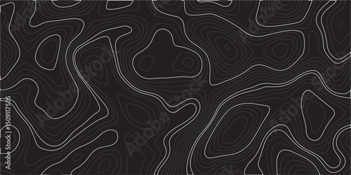 "Create a seamless dark topographic map pattern with fluid, wavy contour lines in grayscale tones. The design should have an abstract, modern aesthetic suitable for backgrounds or digital wallpapers."