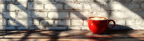 Sunlit Coffee Mockup Red Mug Against Brick Wall Background
