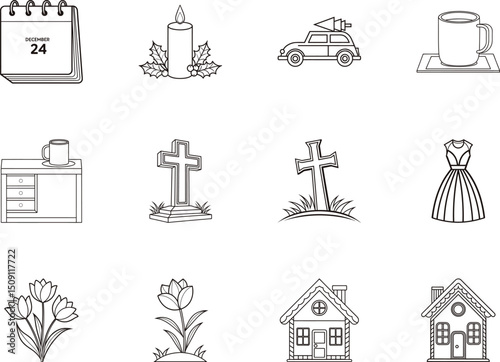 Line art displays a calendar, candle, car, dress, flowers, houses, and crosses with transparent background