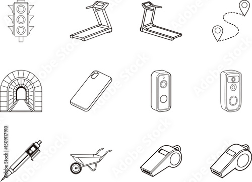Collection of varied monochrome icons featuring a traffic light, treadmill, tunnel and more are displayed