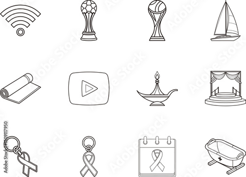 Outline of twelve assorted icons showcases wifi signal, yoga mat, and sailboat on transparent backdrop