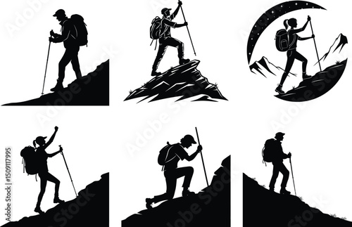 Silhouette Collection Hikers Conquering Mountain Peaks
