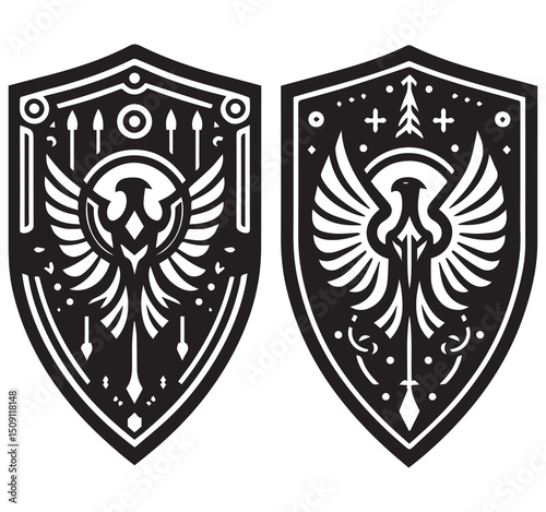 Two Black and White Heraldic Shield Designs with Stylized Phoenix Eagle Emblems Crests and Geometric Patterns Fantasy Vector Illustration
