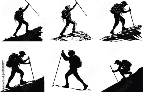 Silhouette Illustrations of Hikers Conquering Mountain Peaks Adventure, Trekking, Hiking, Climbing, Nature