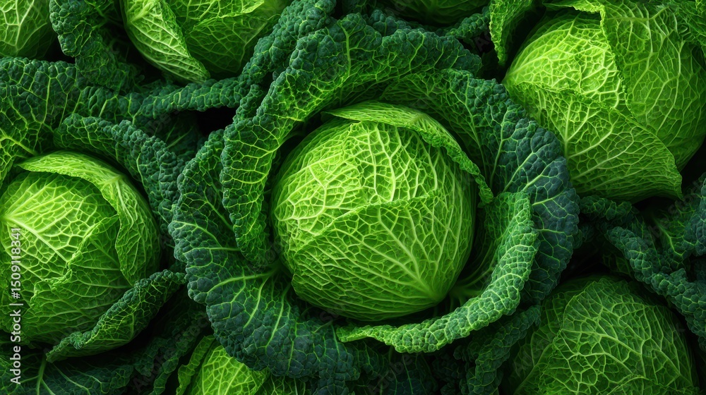 Fototapeta premium Rows of vibrant green cabbages rest securely within their leafy wraps, showcasing the rich texture and color typical of a thriving farm during the peak growing season