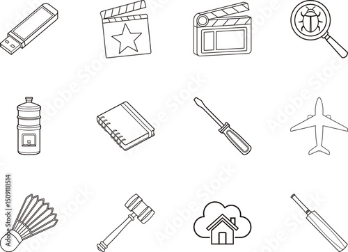 Outlined icons illustrate various objects, including film slates and airplane on transparent background