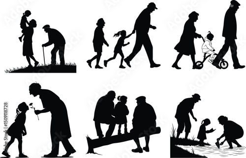 Family Generations A Collection of Silhouette Illustrations Depicting Multigenerational Family Bonds and Activities