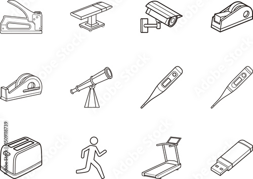 Line art showcases diverse objects, from healthcare instruments to athletic equipment on a white background