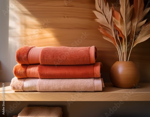 styling your bathroom deep orange beige folded towels stacked neatly on a wooden shelf creating a warm inviting and organized space