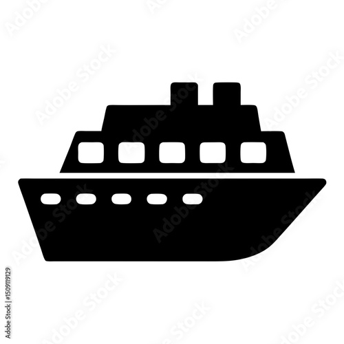Silhouette of a large cruise ship with multiple decks and windows