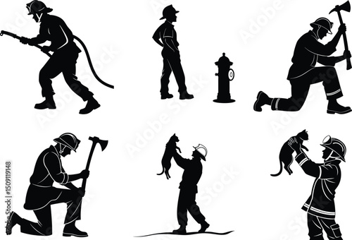 Firefighter Silhouettes Courage, Action, and Rescue in Black and White Illustrations