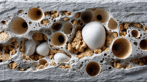 Abstract close-up of porous rock with circular cavities and mixed pebbles inside showing geological texture