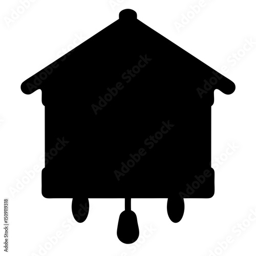 A silhouette of a classic cuckoo clock design with a pendulum and weights