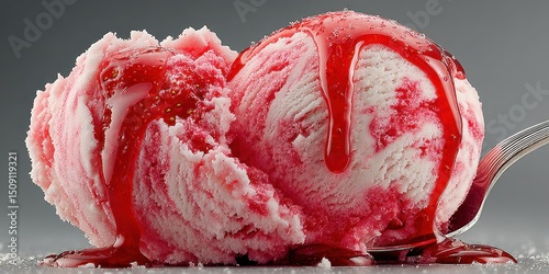 Delicious strawberry ice cream topped with vibrant red syrup in a close-up view on a gray background