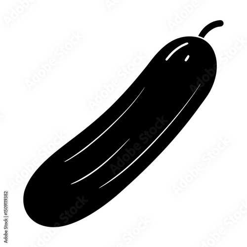 A stark black and white silhouette illustration of a fresh cucumber