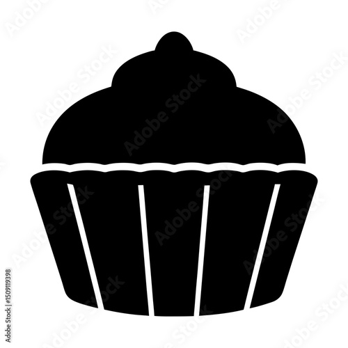 A minimalistic black and white cupcake illustration on a white background