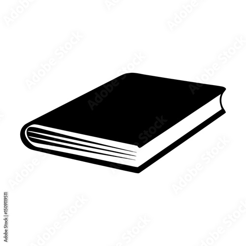 Black and white illustration of a closed book with pages showing