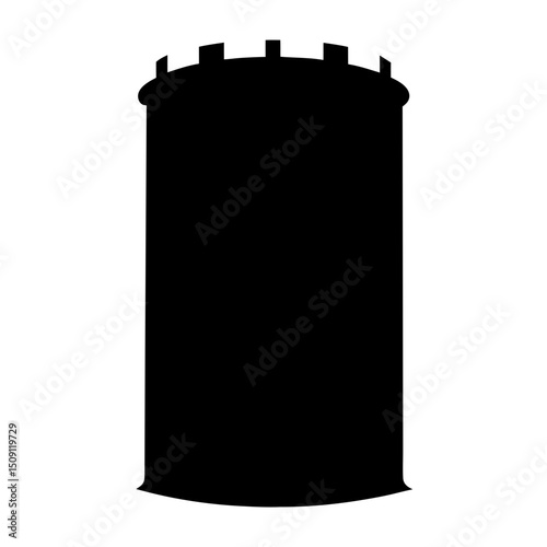 A simple black silhouette image of a cylindrical castle tower
