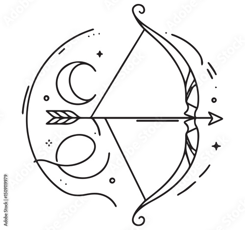 Minimalist Celestial Line Art Bow and Arrow Moon Stars Circle Astrology Zodiac Symbol