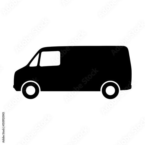 Black silhouette illustration of a delivery van, minimalist and clean image