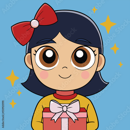 Girl with sparkly eyes holding wrapped gift excitedly